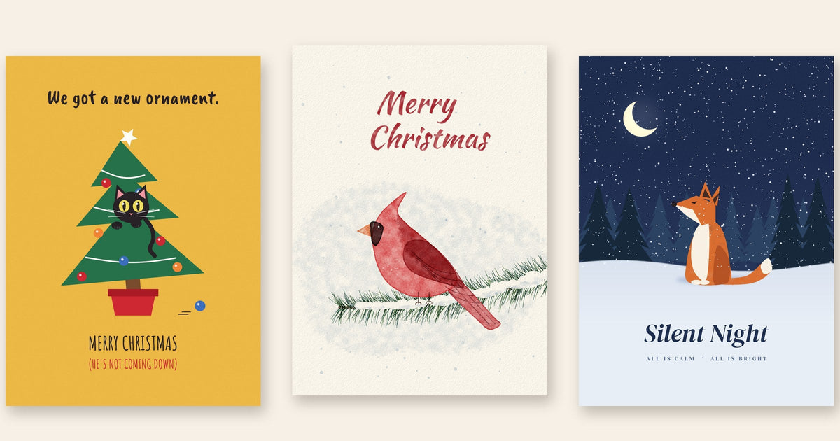 Three Christmas cards from The Written Hug: a cat in a Christmas tree, a watercolor cardinal, and a fox under a starry sky