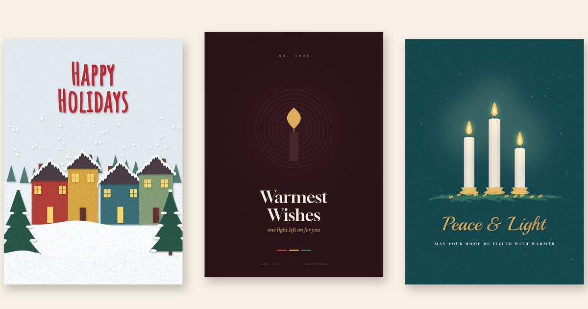 Three holiday cards from The Written Hug: a snowy paper village, a single candle reading Warmest Wishes, and three candles reading Peace and Light
