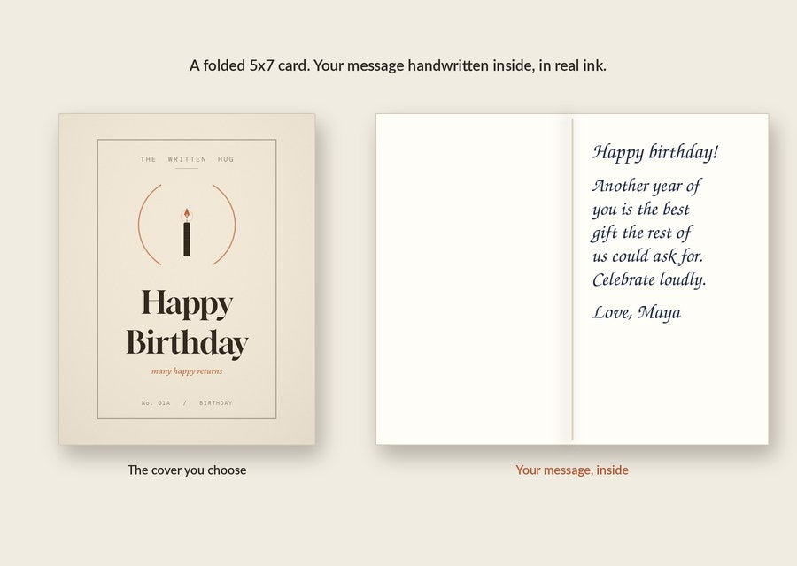Inside of the Happy Birthday card: your message handwritten in real ink