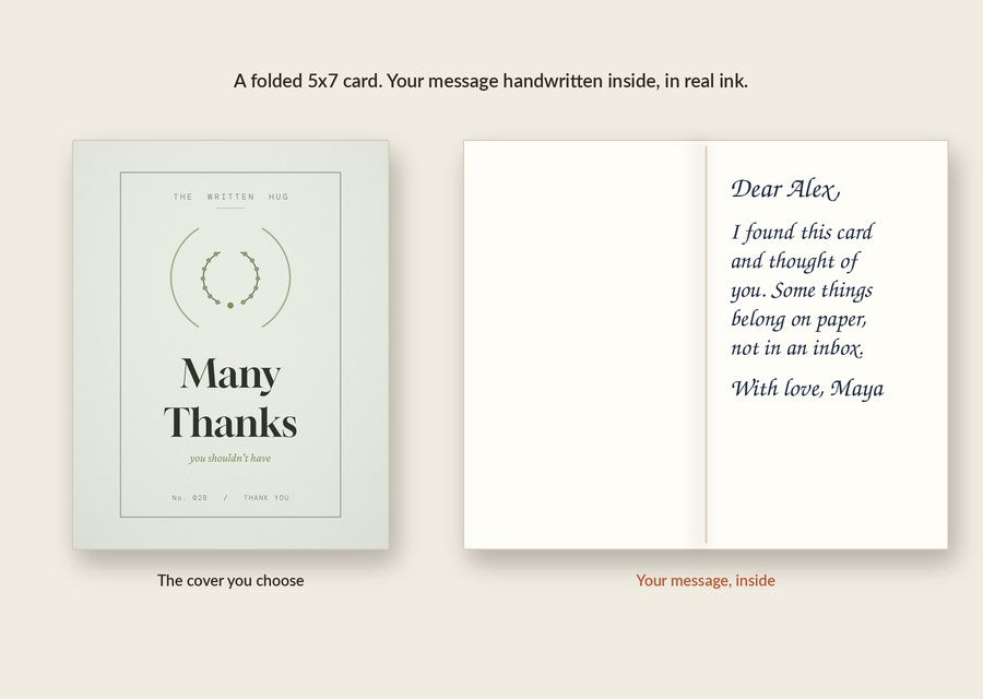 Inside of the Many Thanks card: your message handwritten in real ink