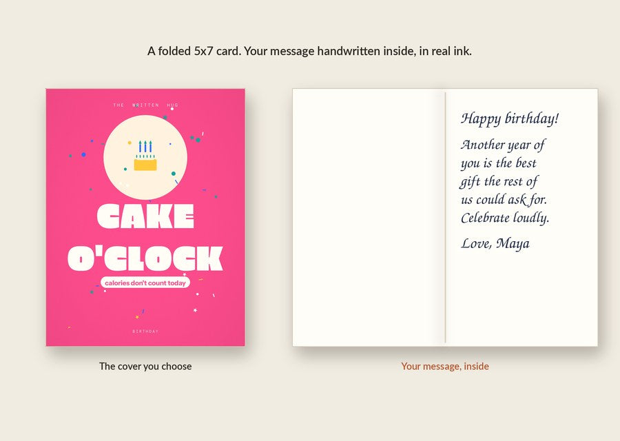 Inside of the CAKE O'CLOCK card: your message handwritten in real ink