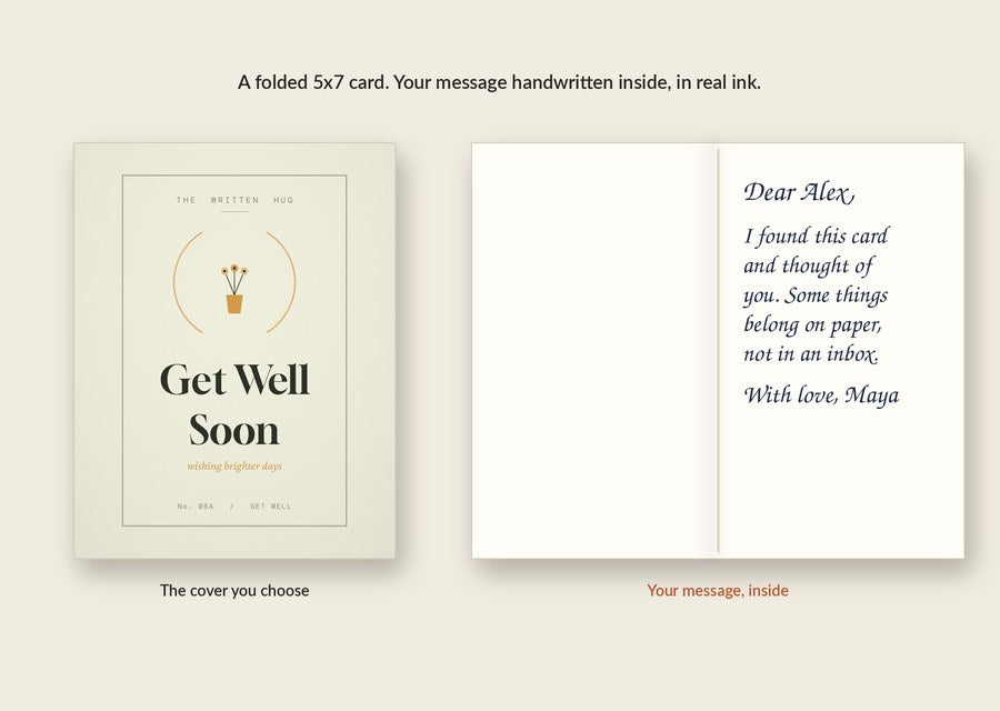 Inside of the Get Well Soon card: your message handwritten in real ink