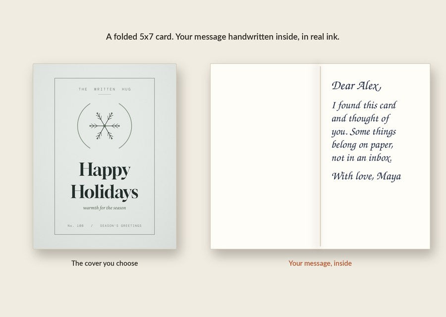 Inside of the Happy Holidays card: your message handwritten in real ink