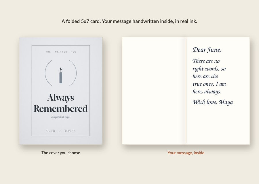 Inside of the Always Remembered card: your message handwritten in real ink