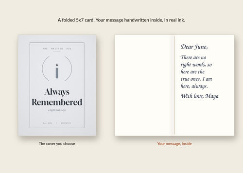 Inside of the Always Remembered card: your message handwritten in real ink