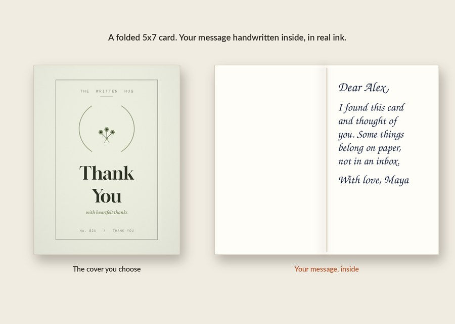 Inside of the Thank You card: your message handwritten in real ink
