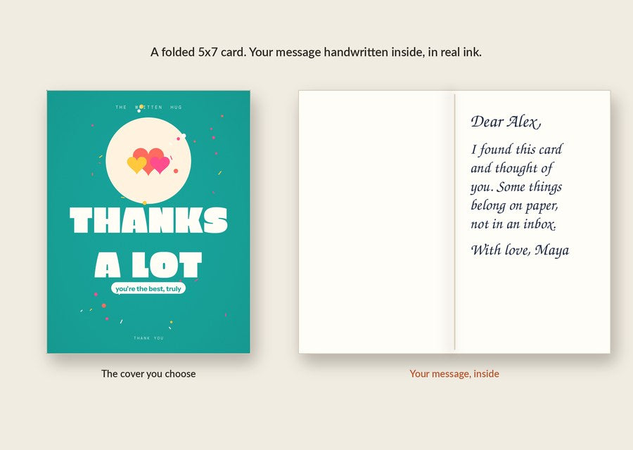 Inside of the THANKS A LOT card: your message handwritten in real ink
