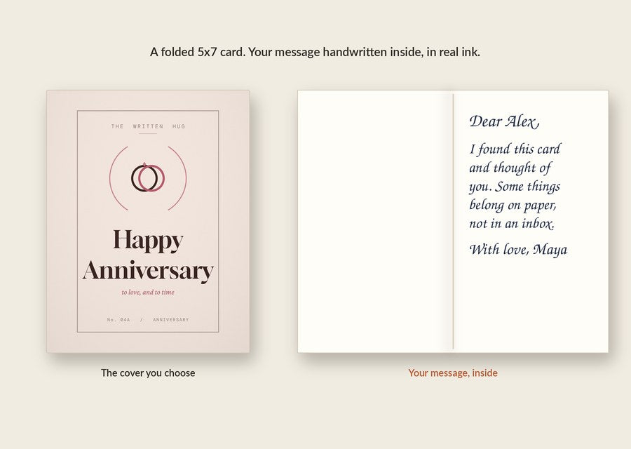 Inside of the Happy Anniversary card: your message handwritten in real ink