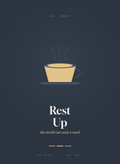 Rest Up card, a warm teacup with rising steam on deep slate