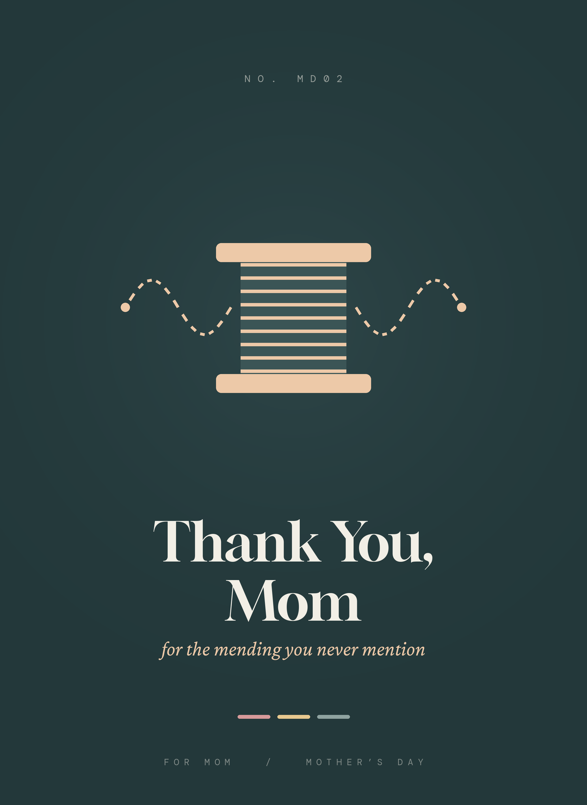 Thank You Mom card, a cream thread spool with running stitch on deep teal