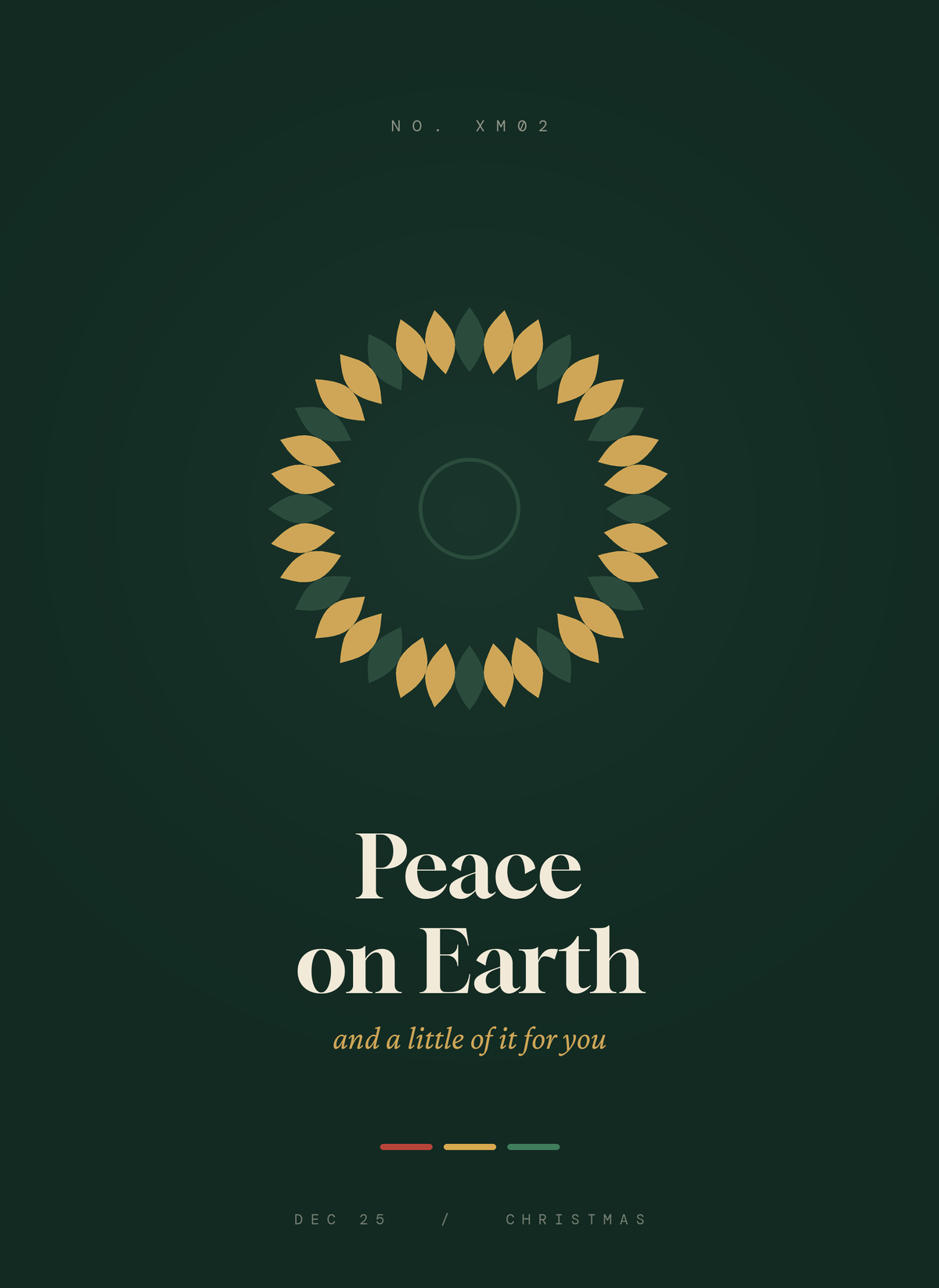 Peace on Earth card, a gold geometric wreath on deep forest green