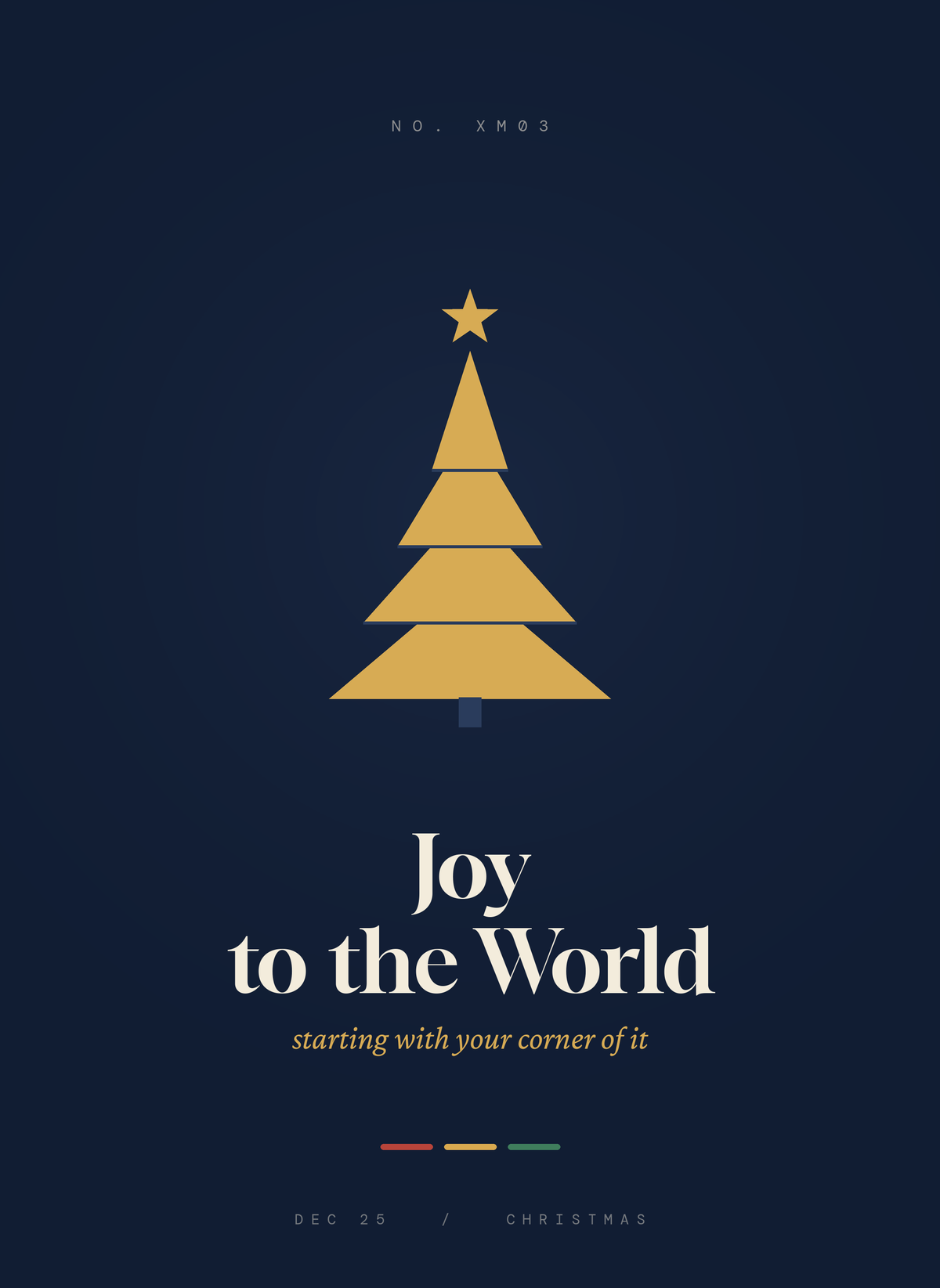 Joy to the World card, a gold geometric tree on midnight blue