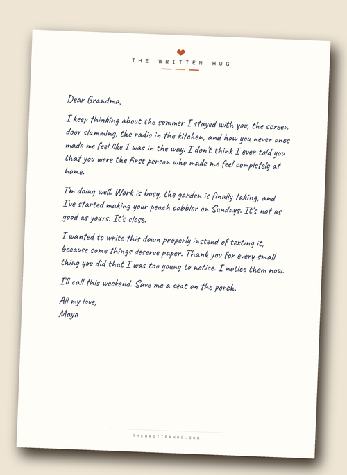 A Real Letter from The Written Hug: a full A4 page on house letterhead, written in real ink and mailed to them