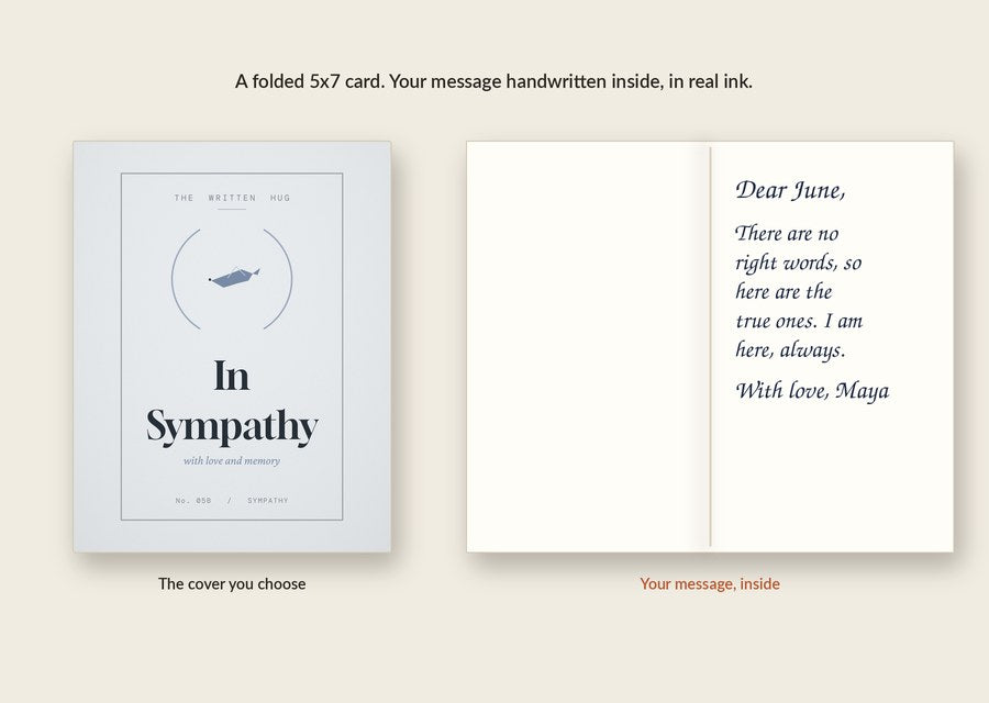 Inside of the In Sympathy card: your message handwritten in real ink