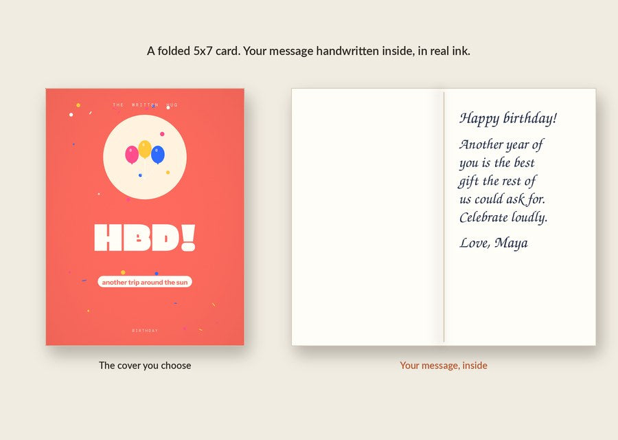 Inside of the HBD! card: your message handwritten in real ink