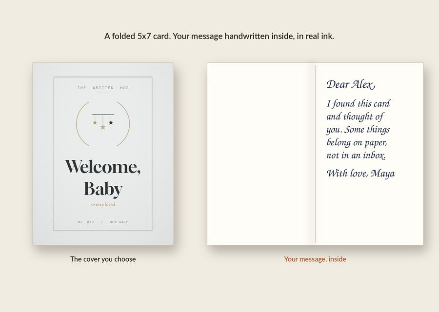 Inside of the Welcome, Baby card: your message handwritten in real ink
