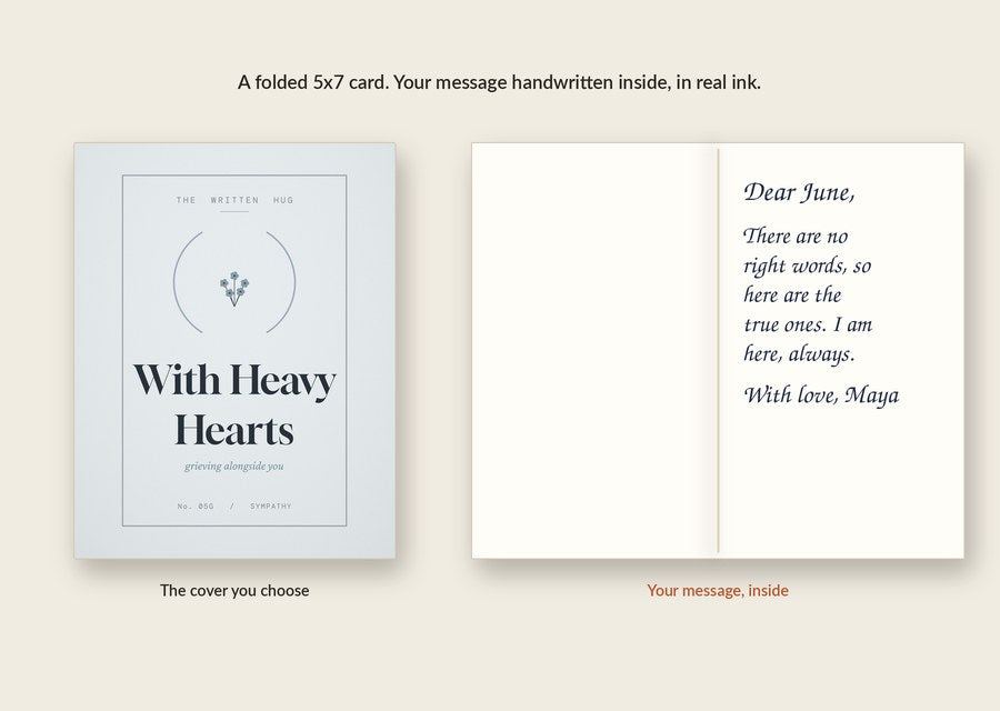 Inside of the With Heavy Hearts card: your message handwritten in real ink