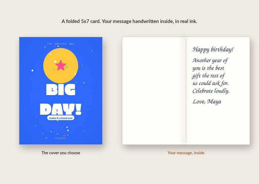 Inside of the BIG DAY! card: your message handwritten in real ink