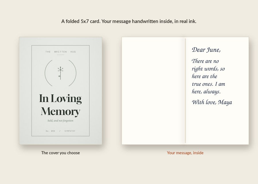 Inside of the In Loving Memory card: your message handwritten in real ink