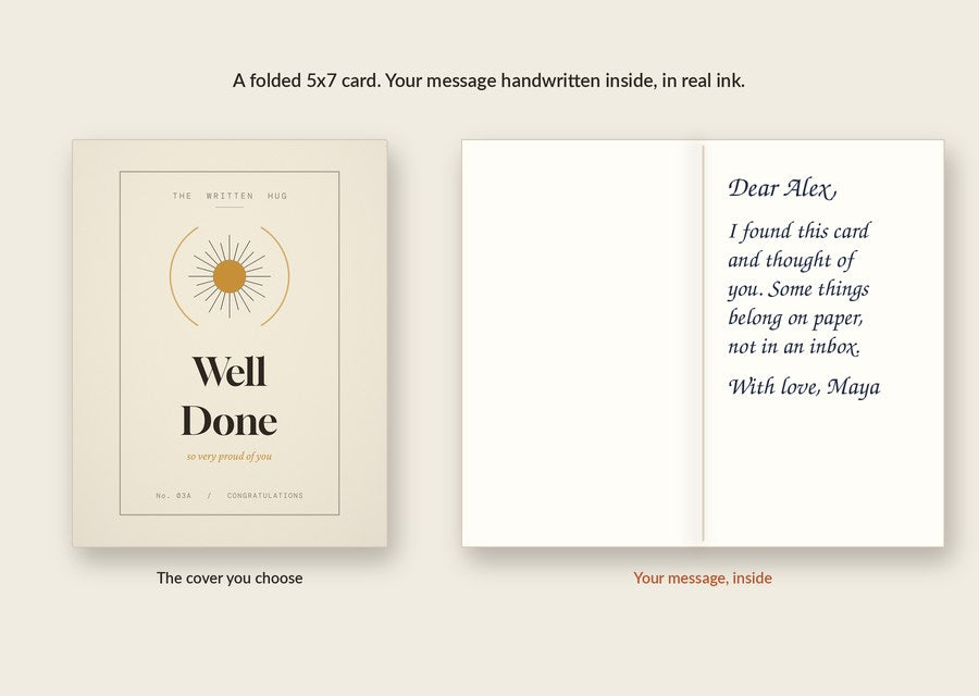Inside of the Well Done card: your message handwritten in real ink