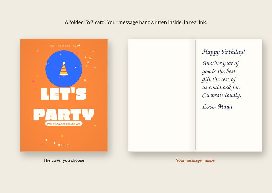 Inside of the LET'S PARTY card: your message handwritten in real ink