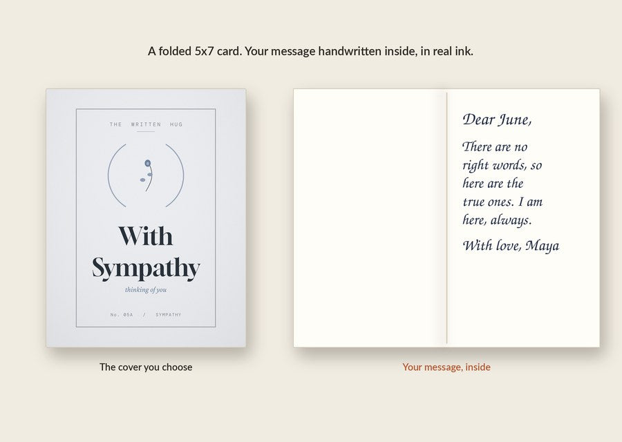 Inside of the With Sympathy card: your message handwritten in real ink