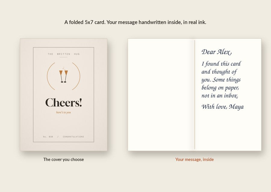 Inside of the Cheers! card: your message handwritten in real ink