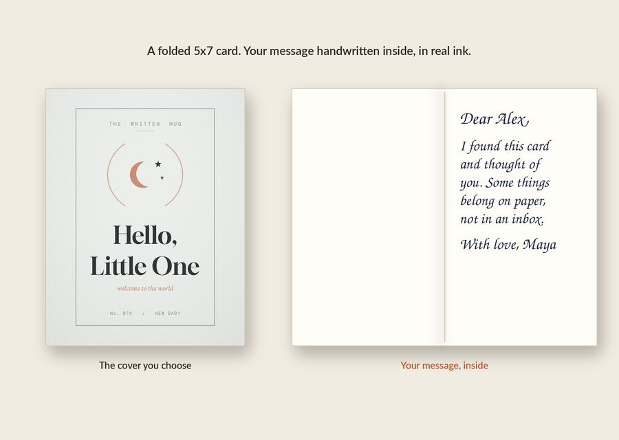 Inside of the Hello, Little One card: your message handwritten in real ink