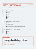 Funny Libra birthday card styled as a birthday exam answer sheet