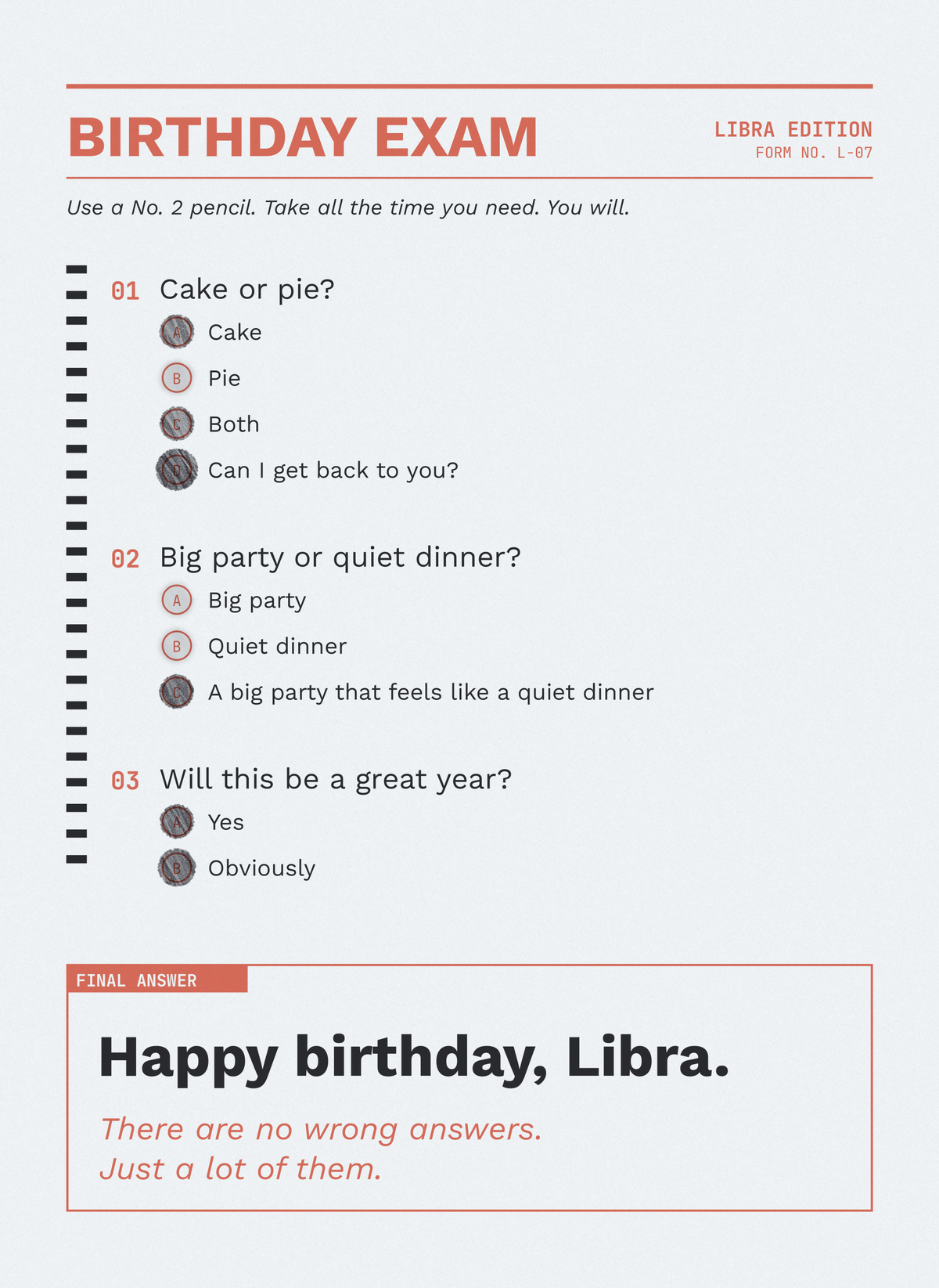 Funny Libra birthday card styled as a birthday exam answer sheet