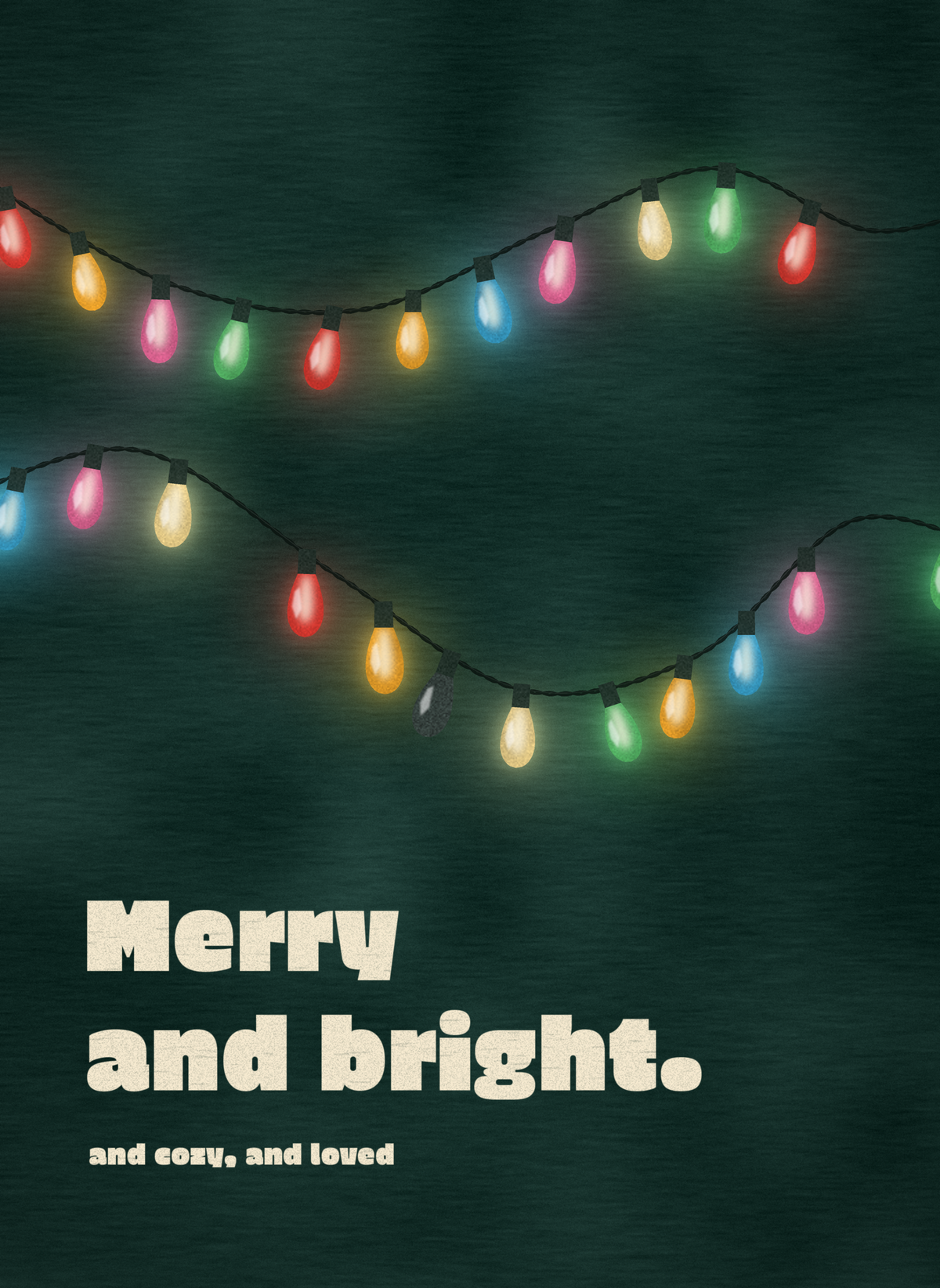 Merry and bright. Christmas card with strings of glowing colored bulbs on a dark pine background, one bulb burnt out