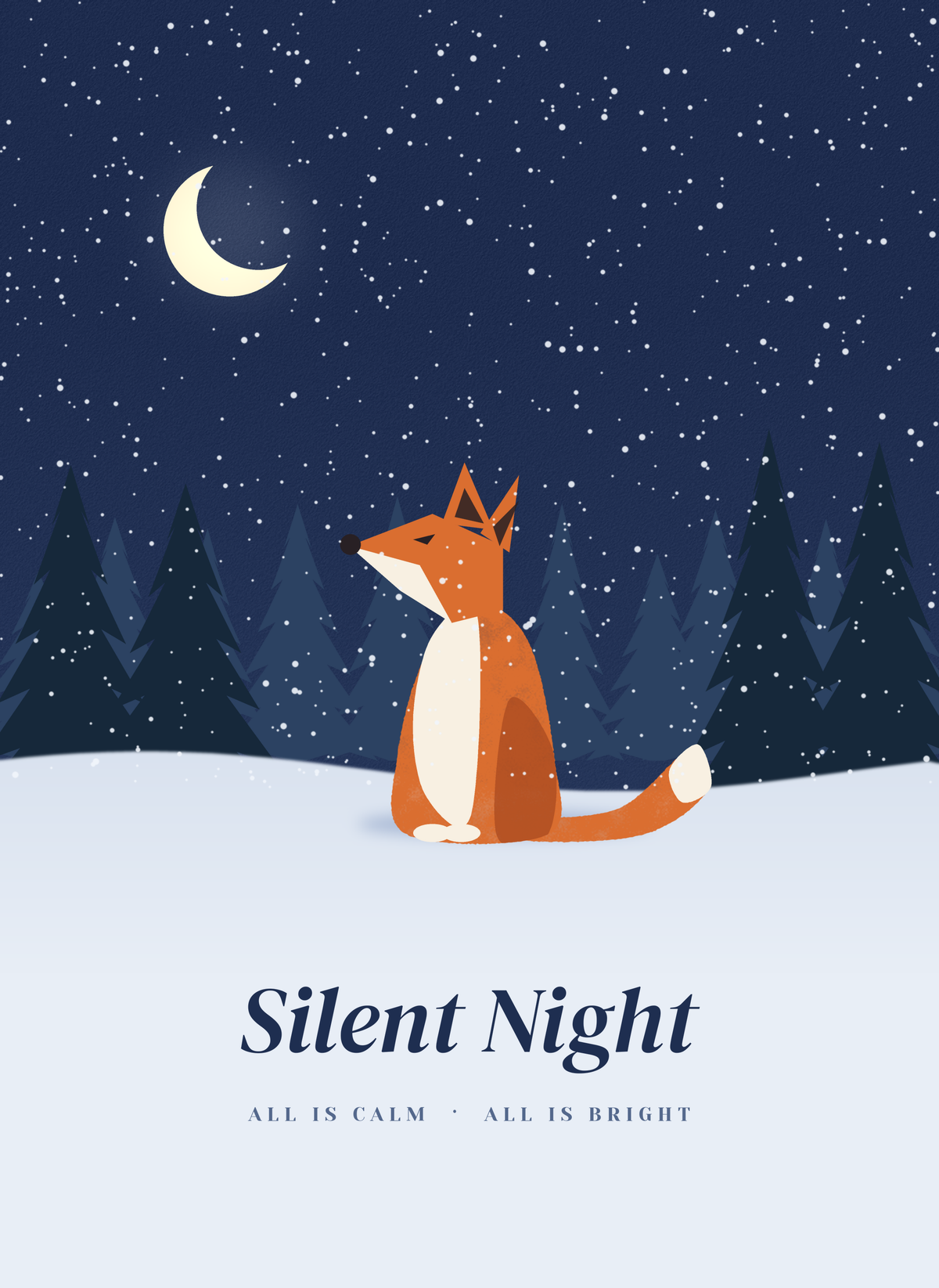 Christmas card with a fox in the snow looking up at the moon