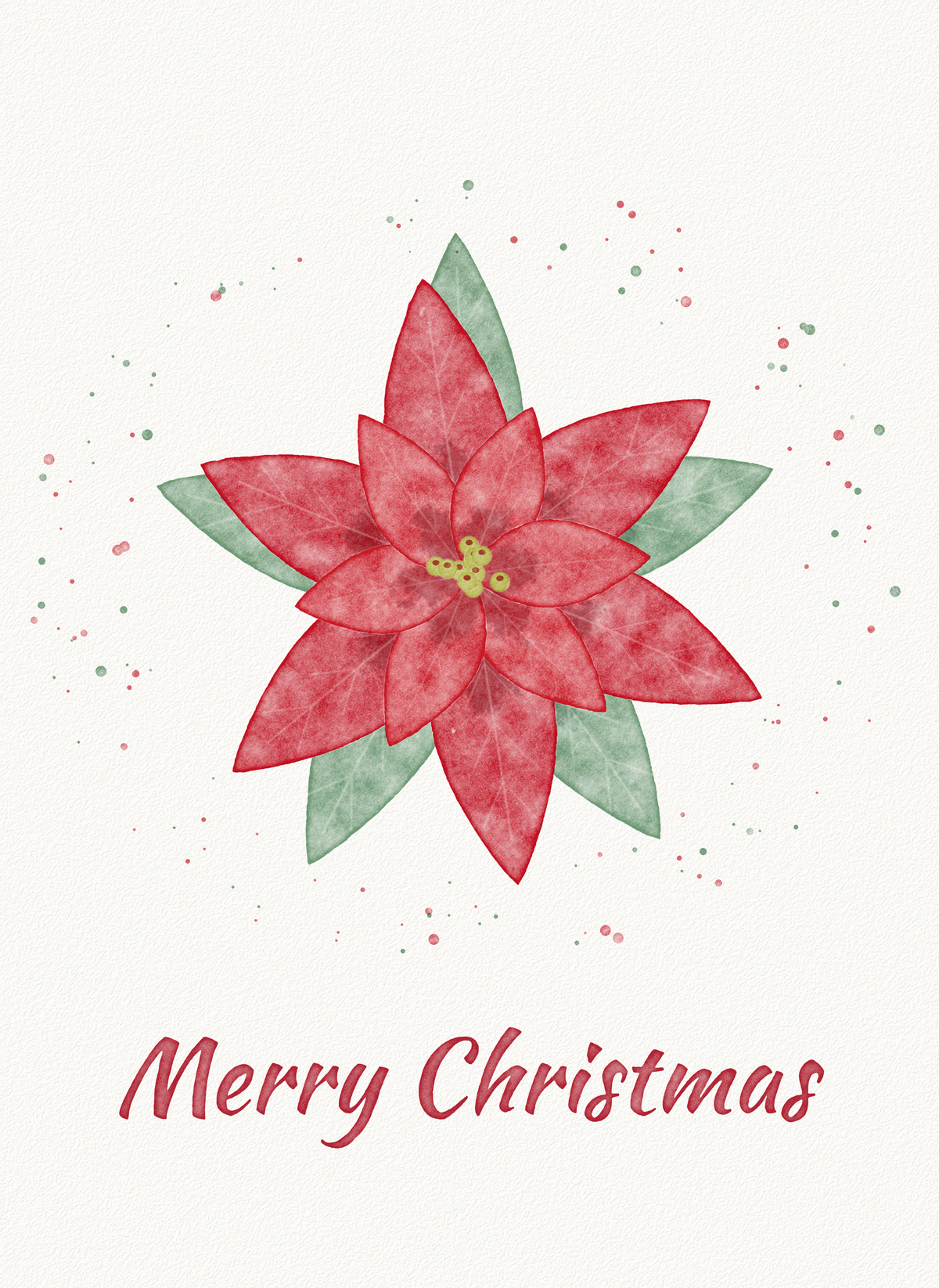 Christmas card with a painted red poinsettia in bloom