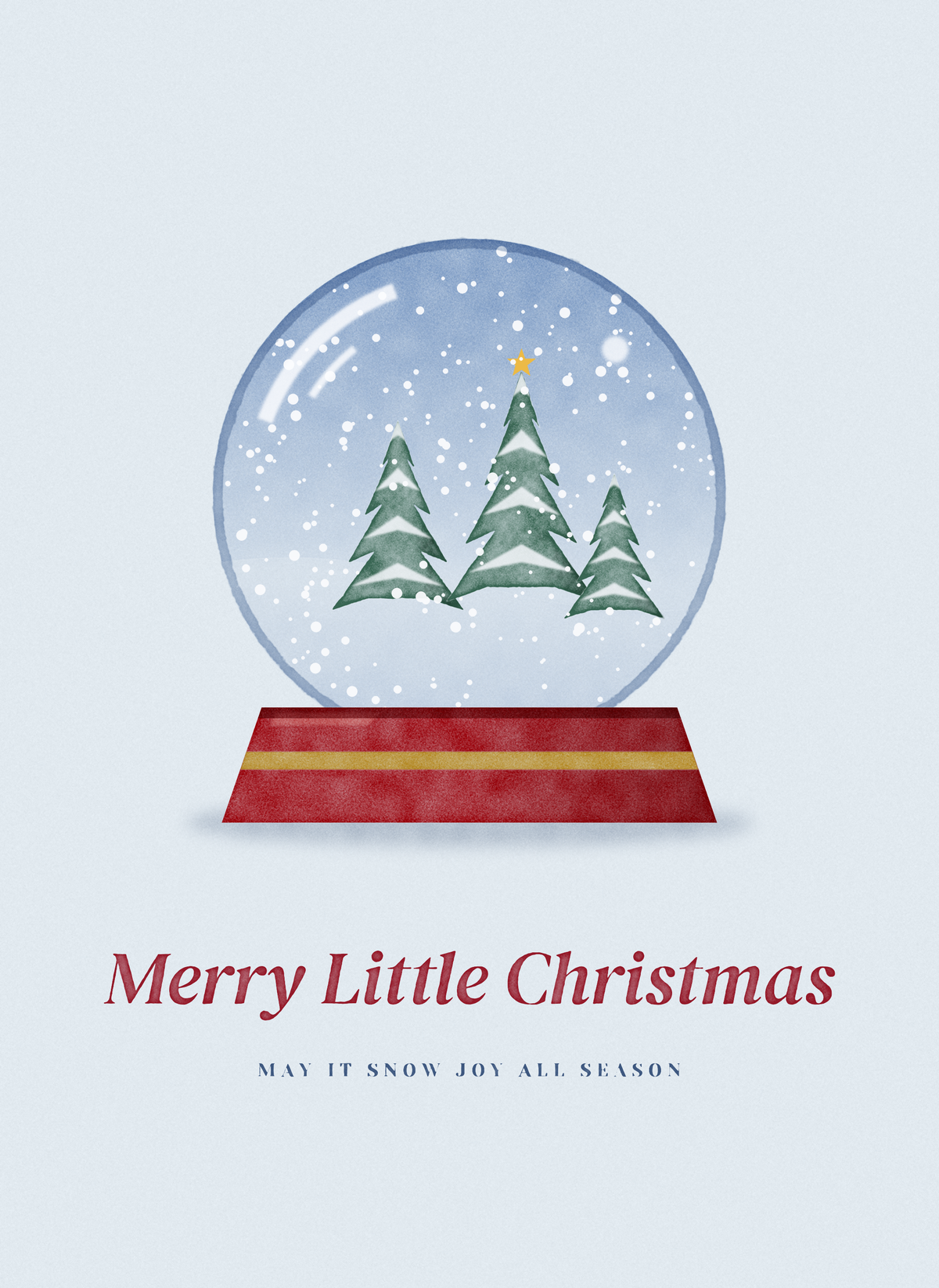 Christmas card with a snow globe of pines and falling snow