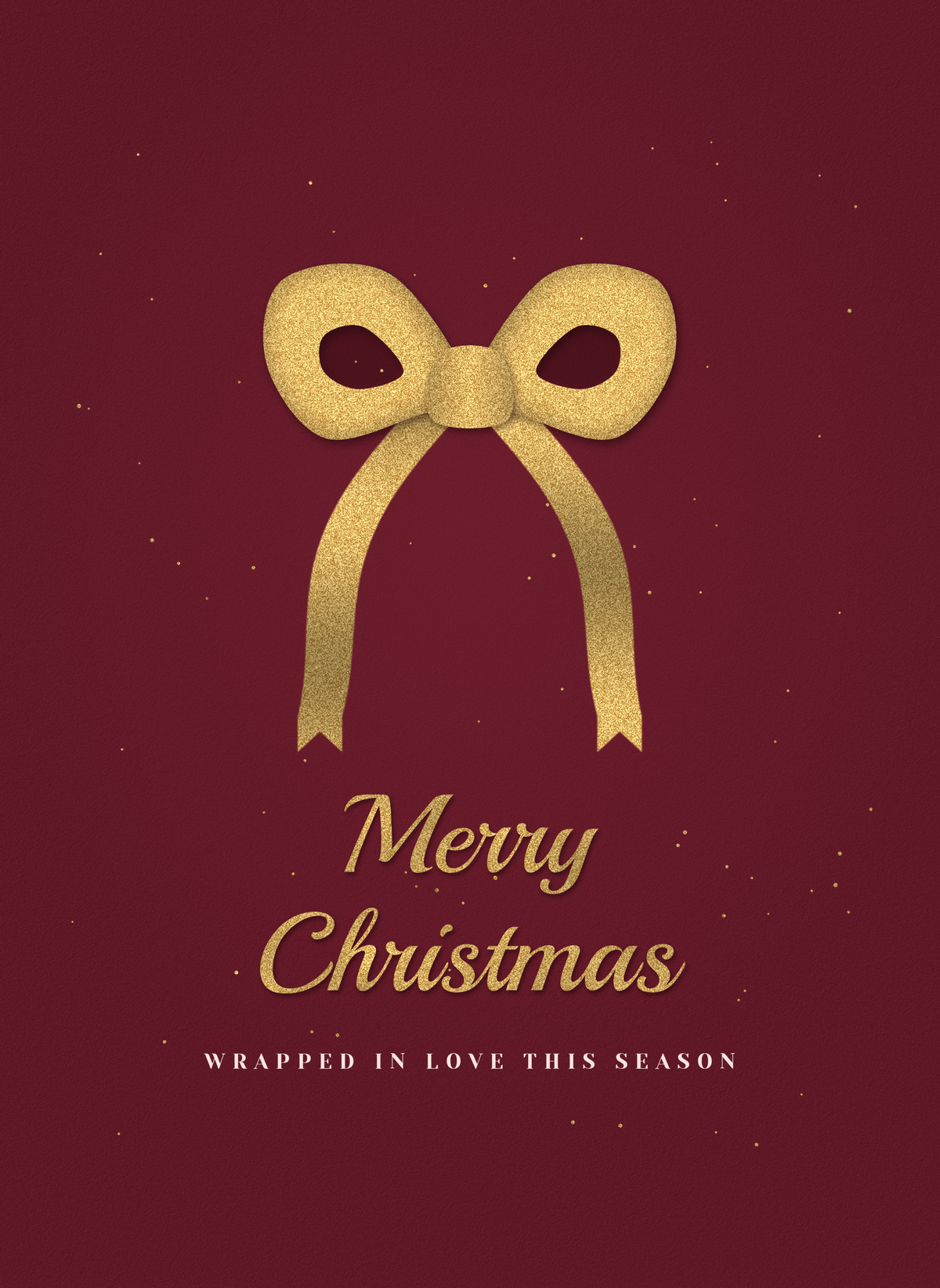 Christmas card with a gold ribbon bow on deep wine red