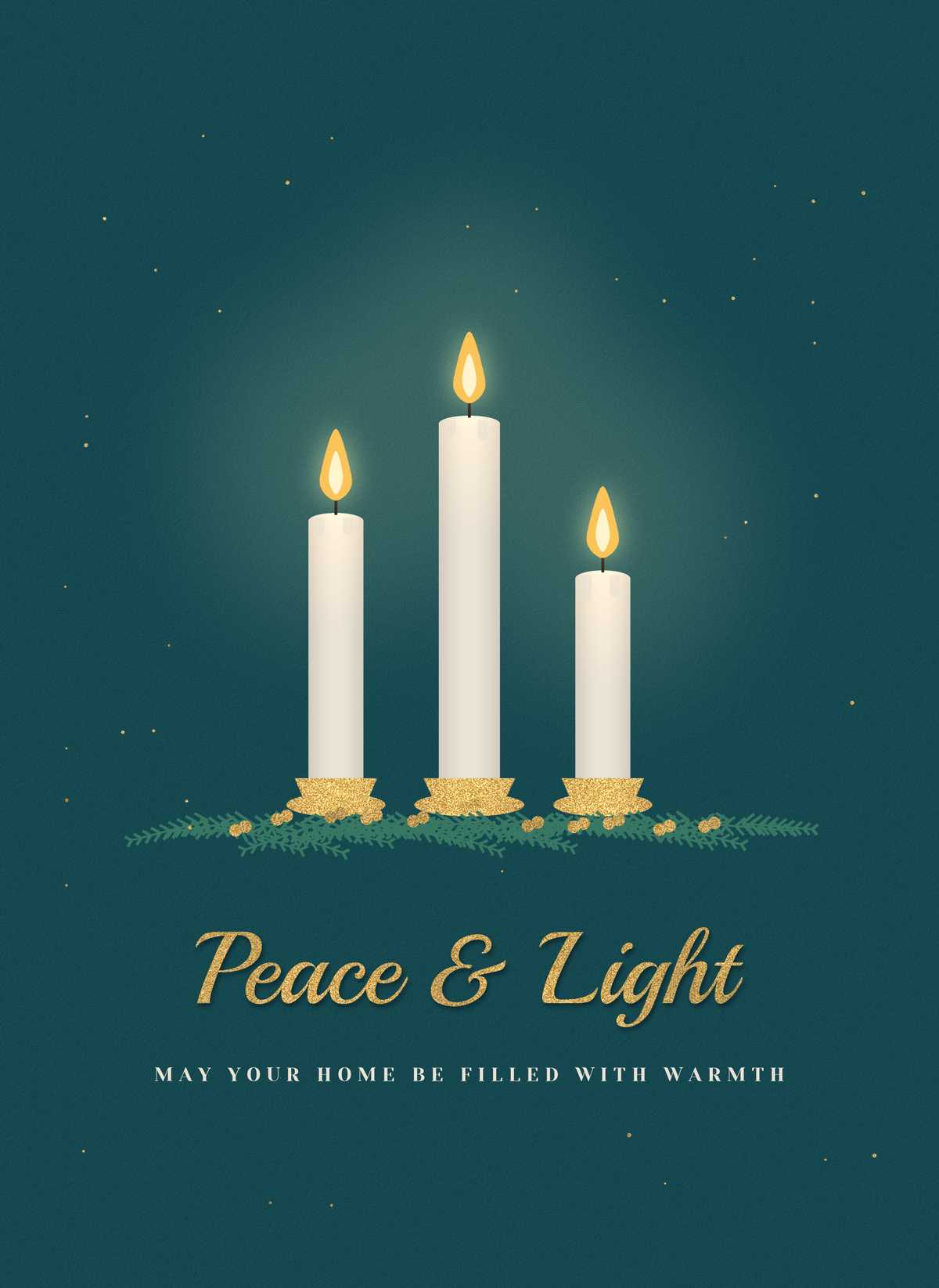 Christmas card with three glowing candles and evergreen