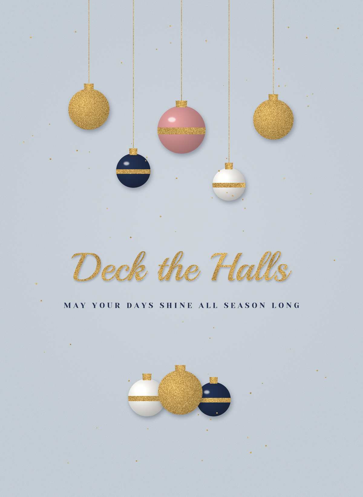 Christmas card with hanging ornaments in gold, navy and blush