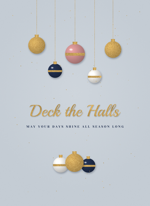 Christmas card with hanging ornaments in gold, navy and blush