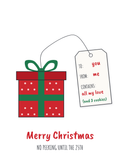 Christmas card with a wrapped gift with a funny tag
