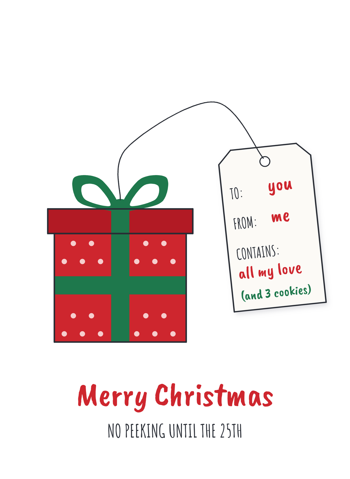 Christmas card with a wrapped gift with a funny tag