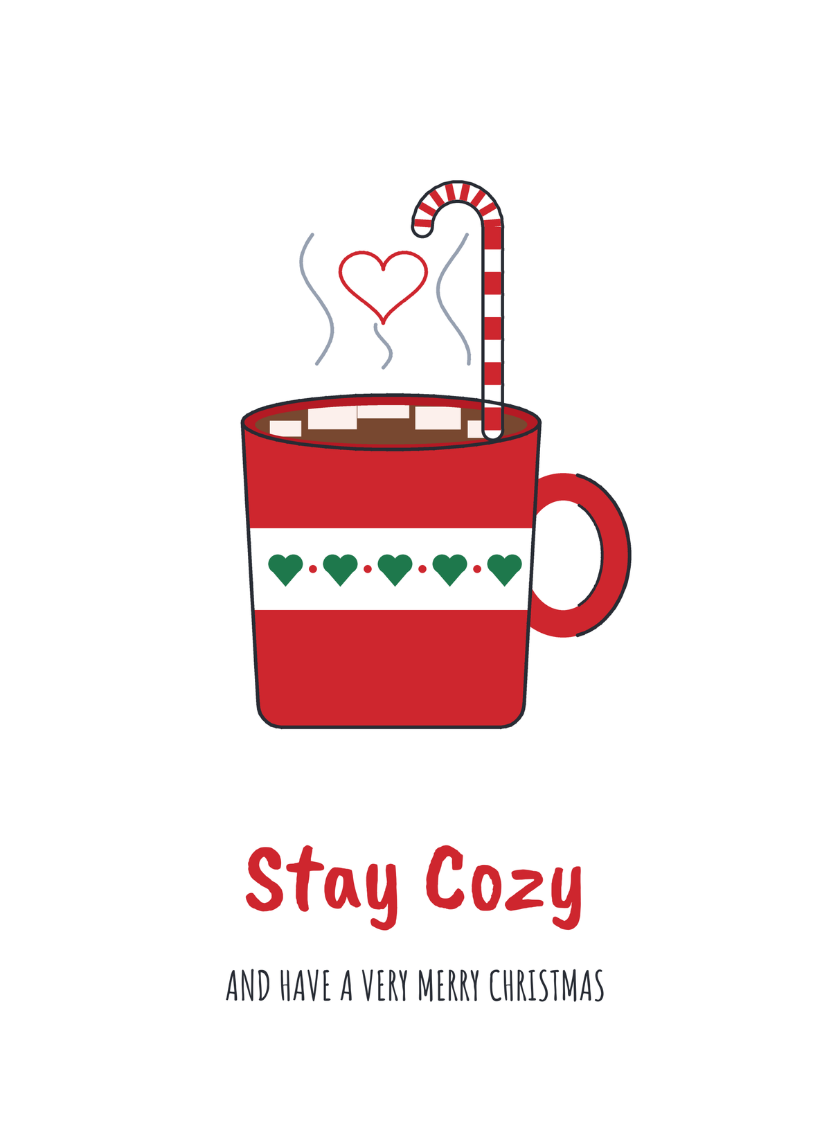 Christmas card with a mug of cocoa with marshmallows and a candy cane