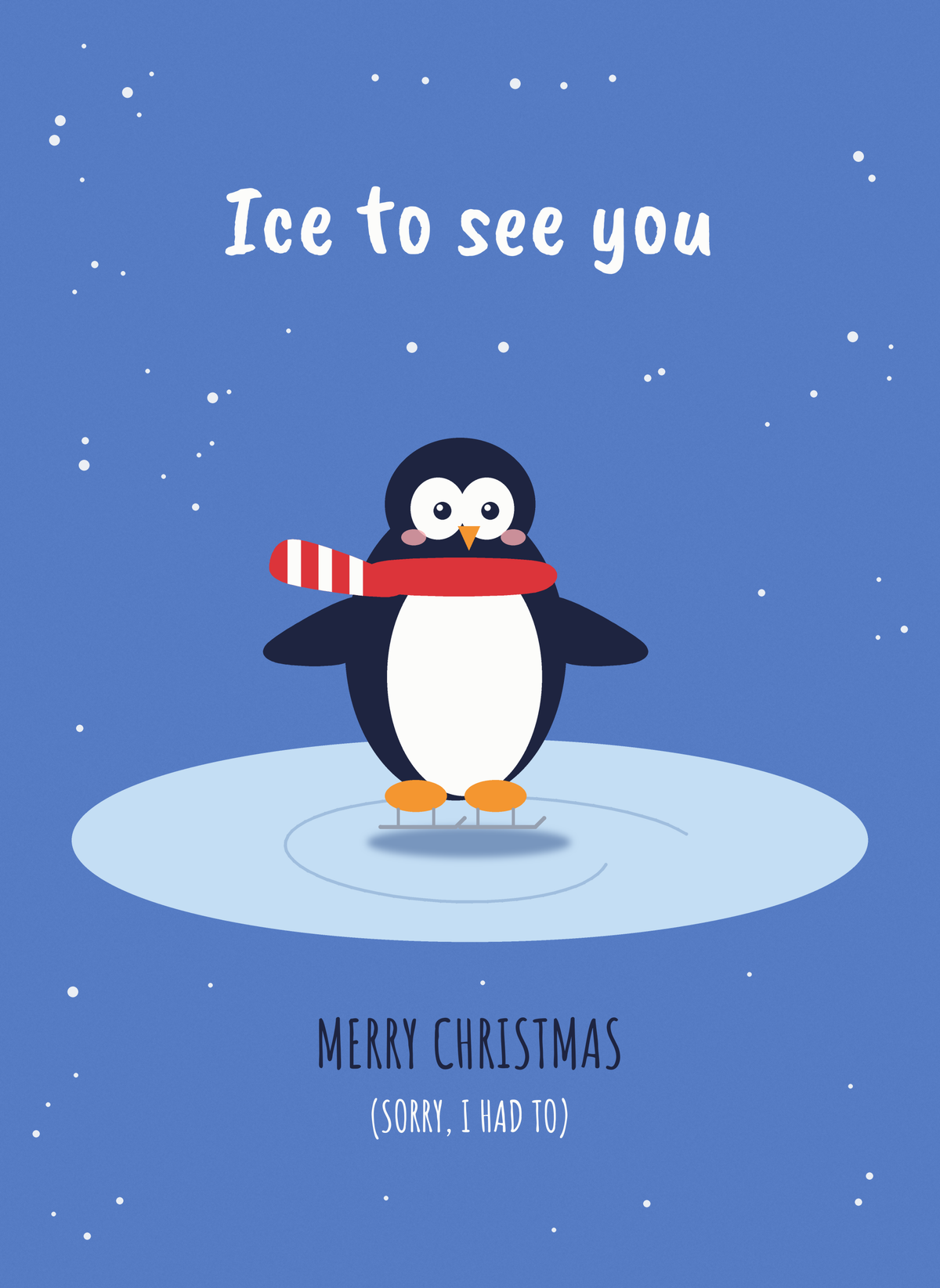 Christmas card with a penguin skating in a red scarf