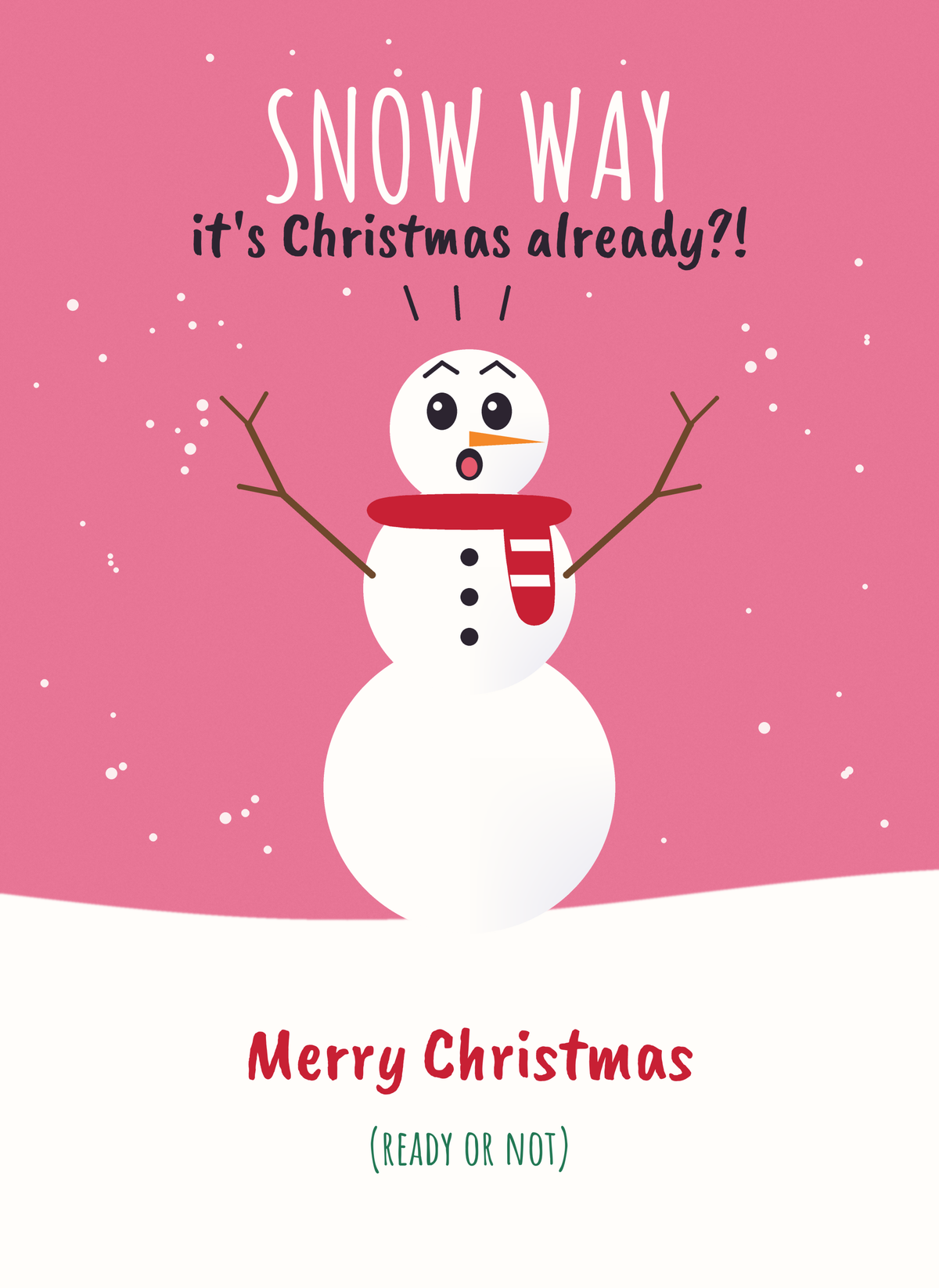 Christmas card with a shocked snowman in a red scarf