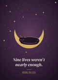 Sympathy card with a black cat asleep on a gold crescent moon