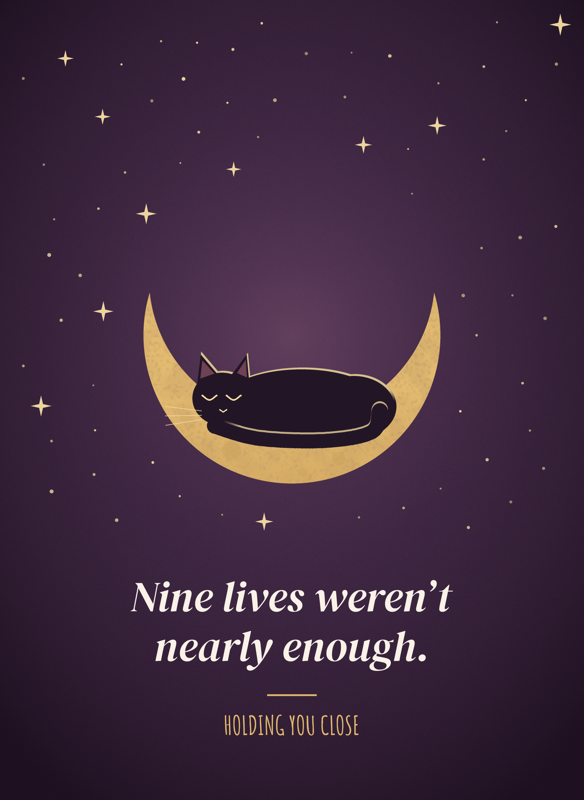 Sympathy card with a black cat asleep on a gold crescent moon