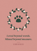 Sympathy card with a paw print inside a leafy wreath