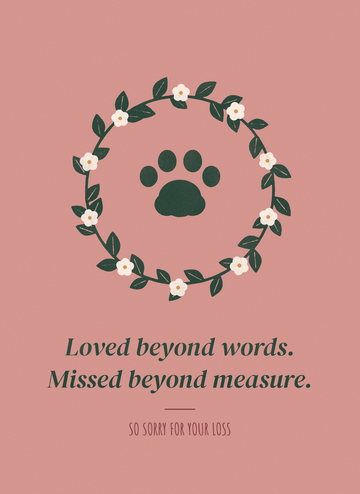 Sympathy card with a paw print inside a leafy wreath