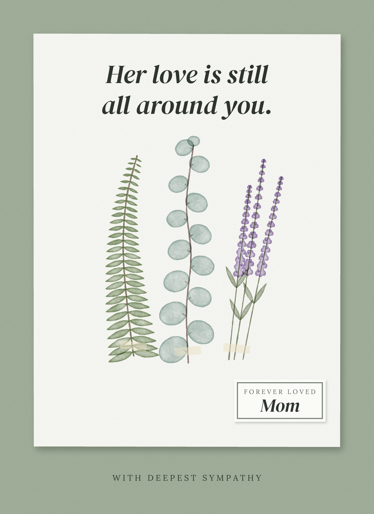 Sympathy card with pressed fern, eucalyptus and lavender
