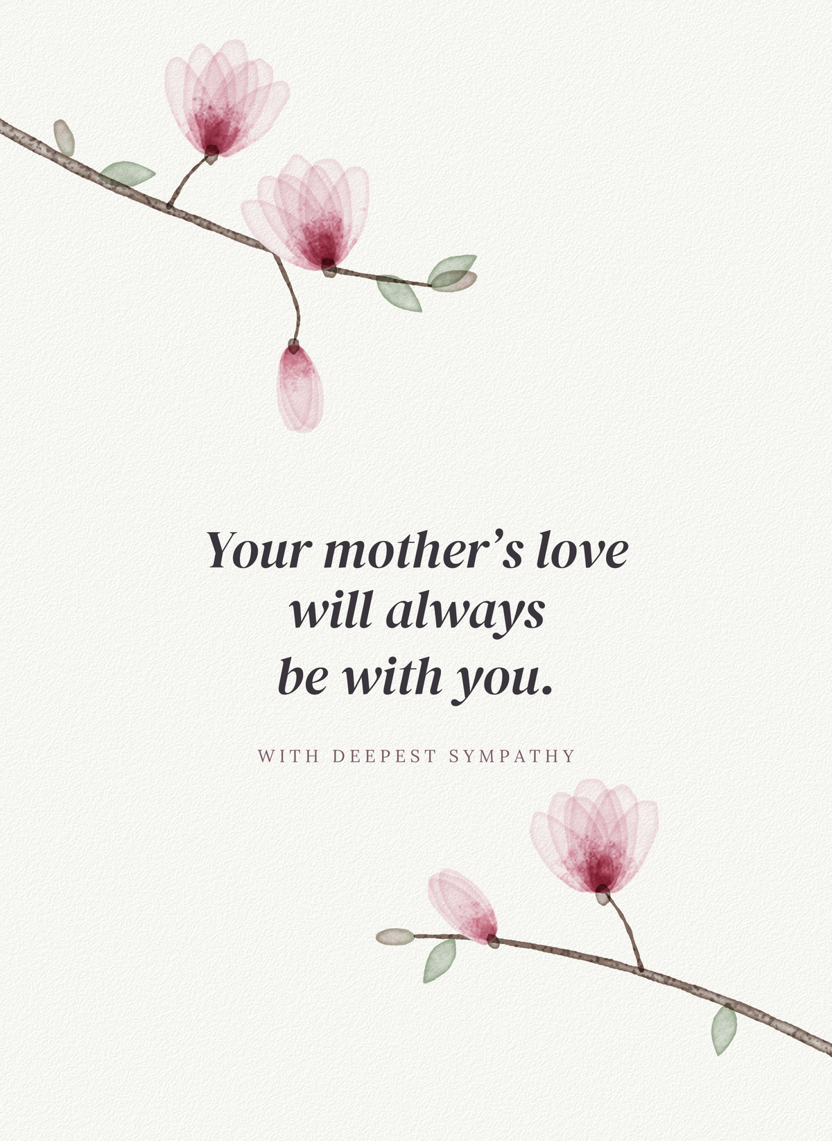 Sympathy card with magnolia branches in soft watercolor
