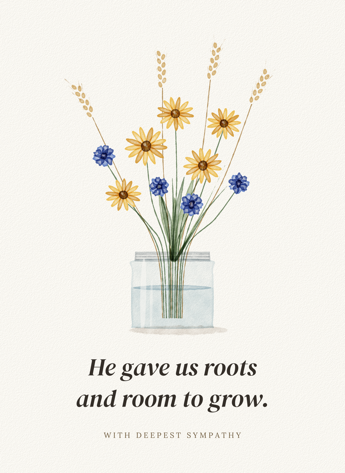 Sympathy card with wildflowers and wheat in a mason jar